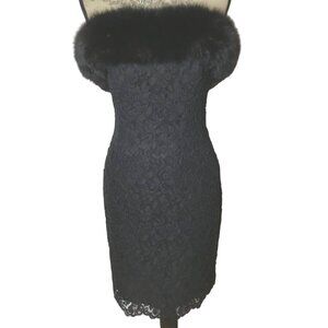 Vintage AFTER FIVE Mink Fur Trim Black Lace Strapless Cocktail Hourglass Dress S